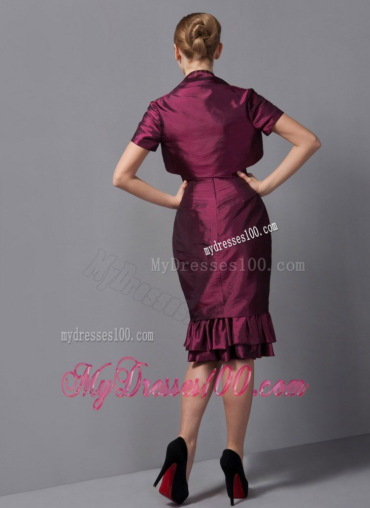 Burgundy Column Knee-length with Ruffled Hem Mothers Dress on Sale