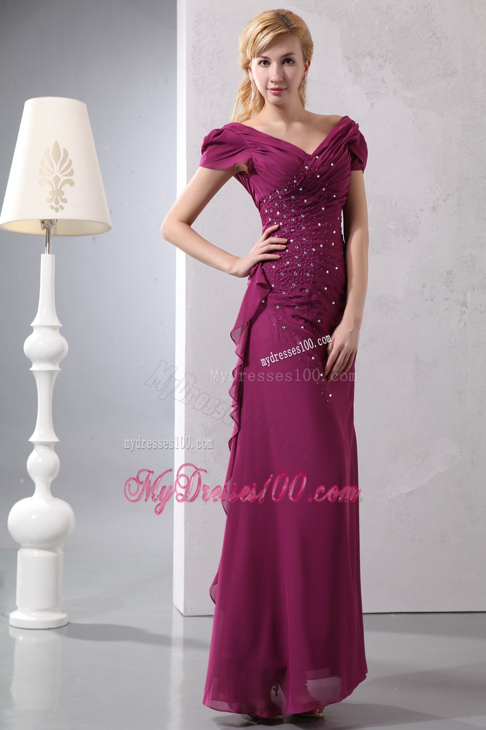 V-neck Cap Sleeves Beaded Mother Of Groom Dresses with Side Ruffles