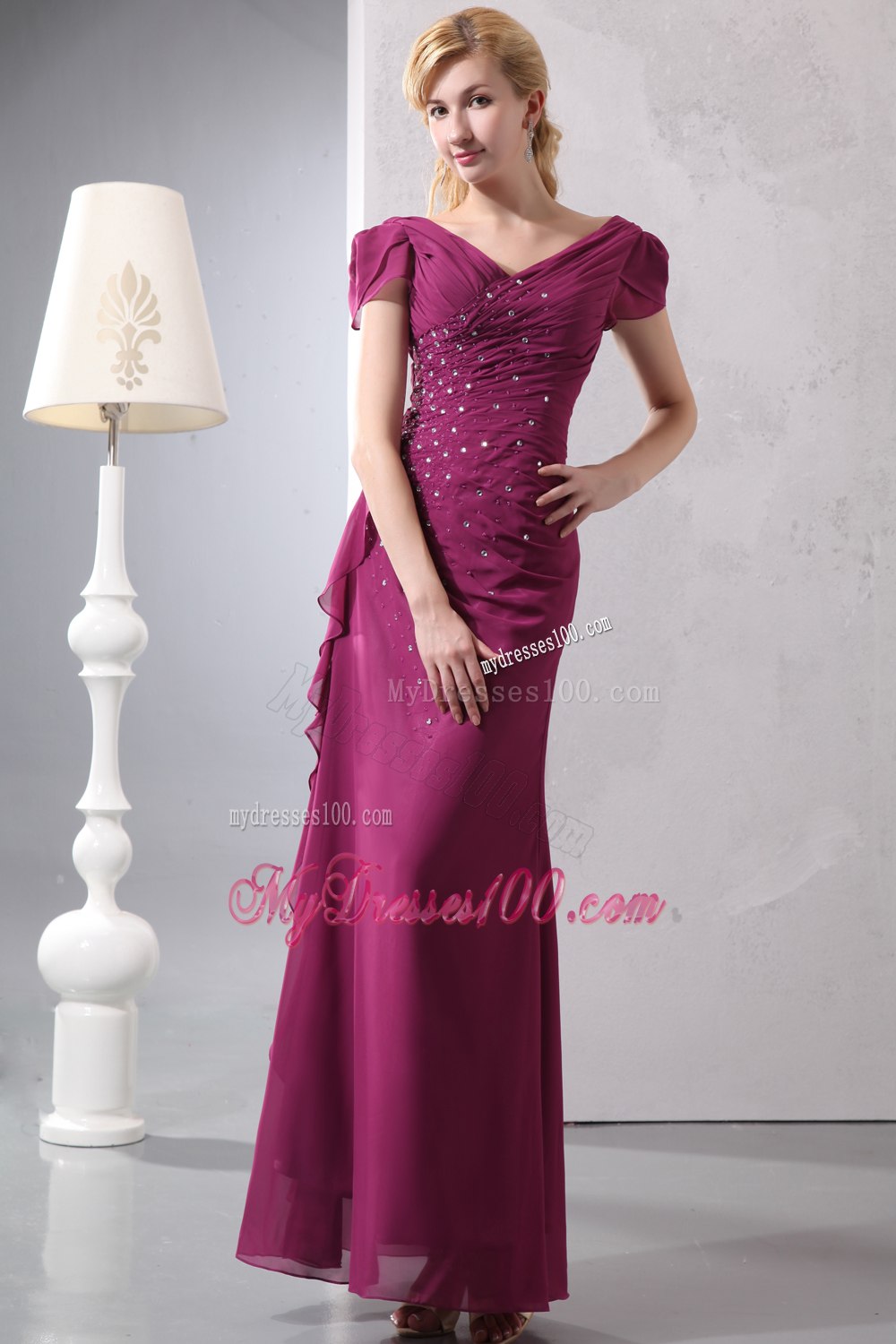 V-neck Cap Sleeves Beaded Mother Of Groom Dresses with Side Ruffles