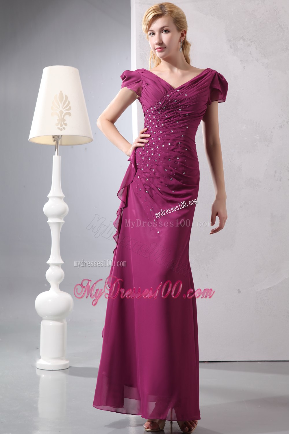 V-neck Cap Sleeves Beaded Mother Of Groom Dresses with Side Ruffles