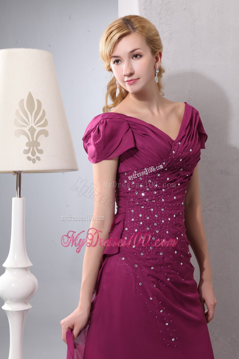 V-neck Cap Sleeves Beaded Mother Of Groom Dresses with Side Ruffles