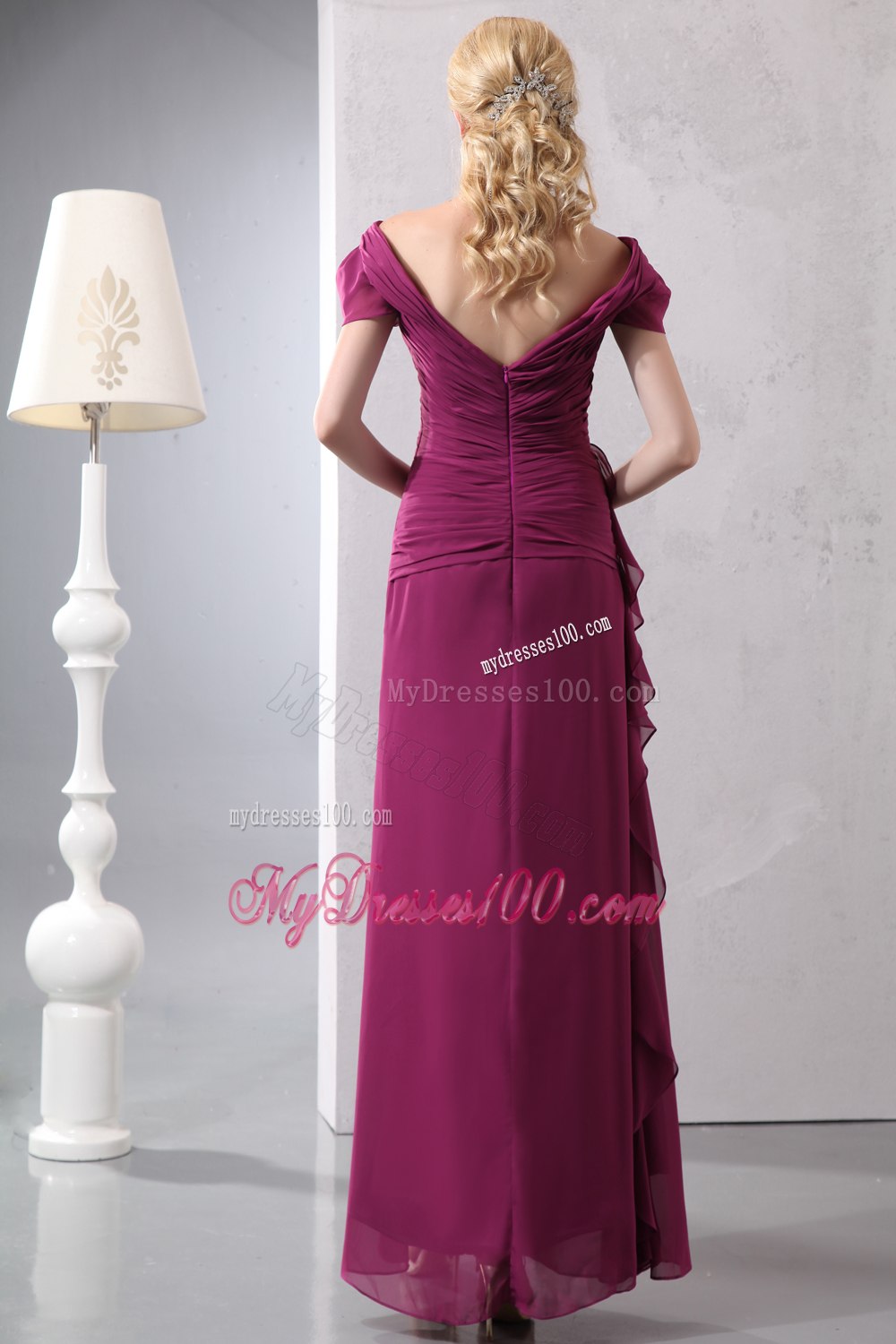 V-neck Cap Sleeves Beaded Mother Of Groom Dresses with Side Ruffles