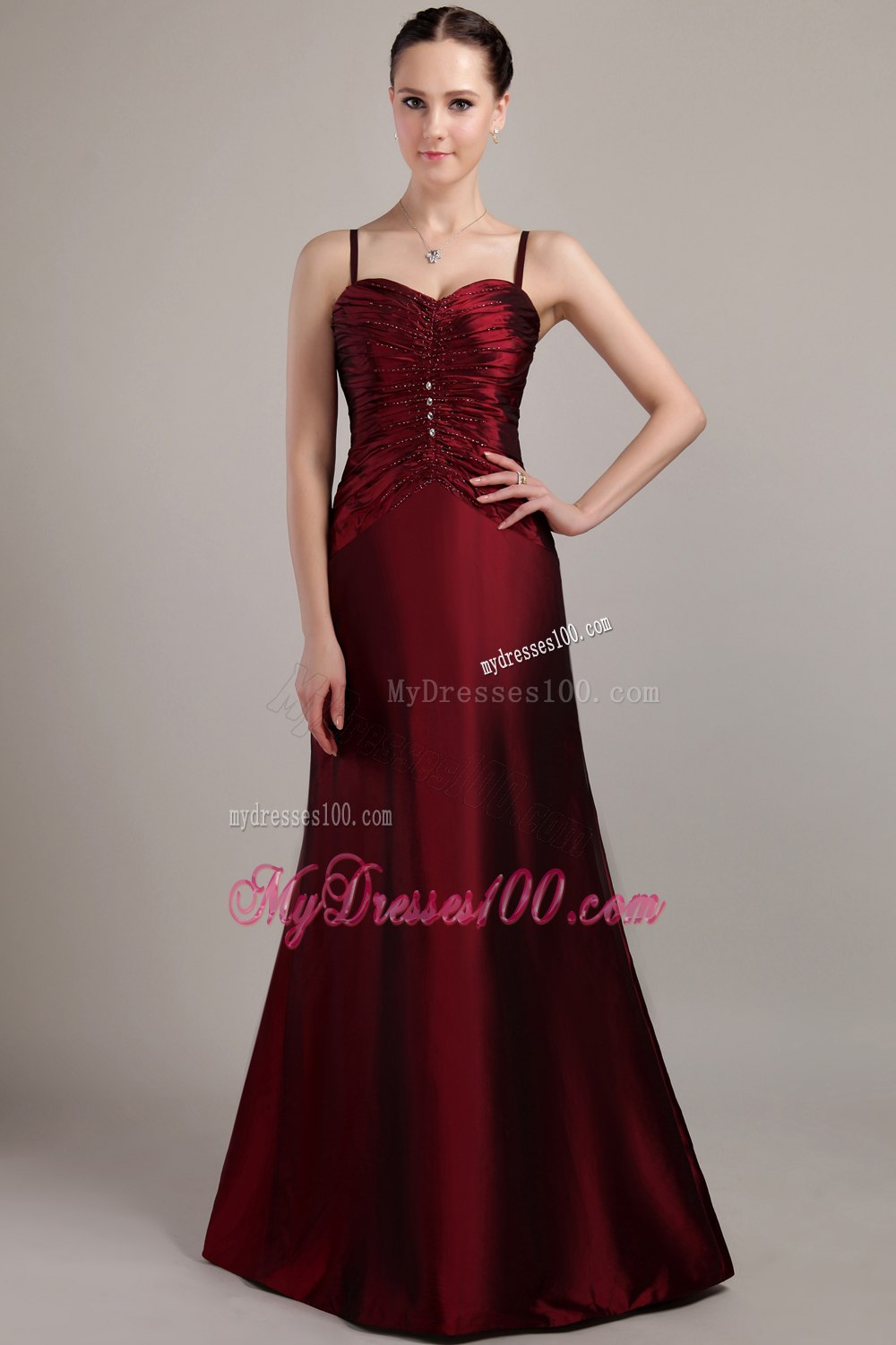 Burgundy Beaded Ruching Mothers Dress For Weddings with Straps
