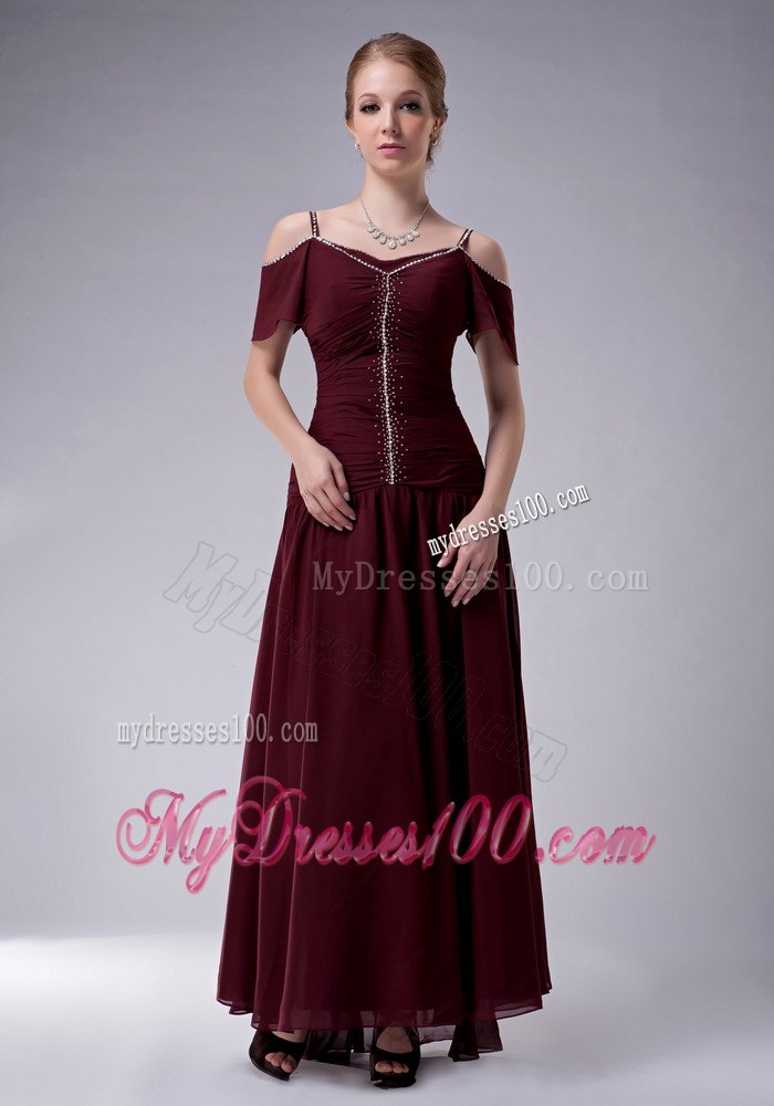 Burgundy Mother Bride Dress with Off Shoulder Sleeves and Straps
