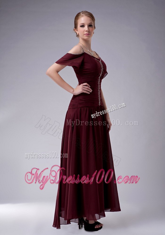 Burgundy Mother Bride Dress with Off Shoulder Sleeves and Straps