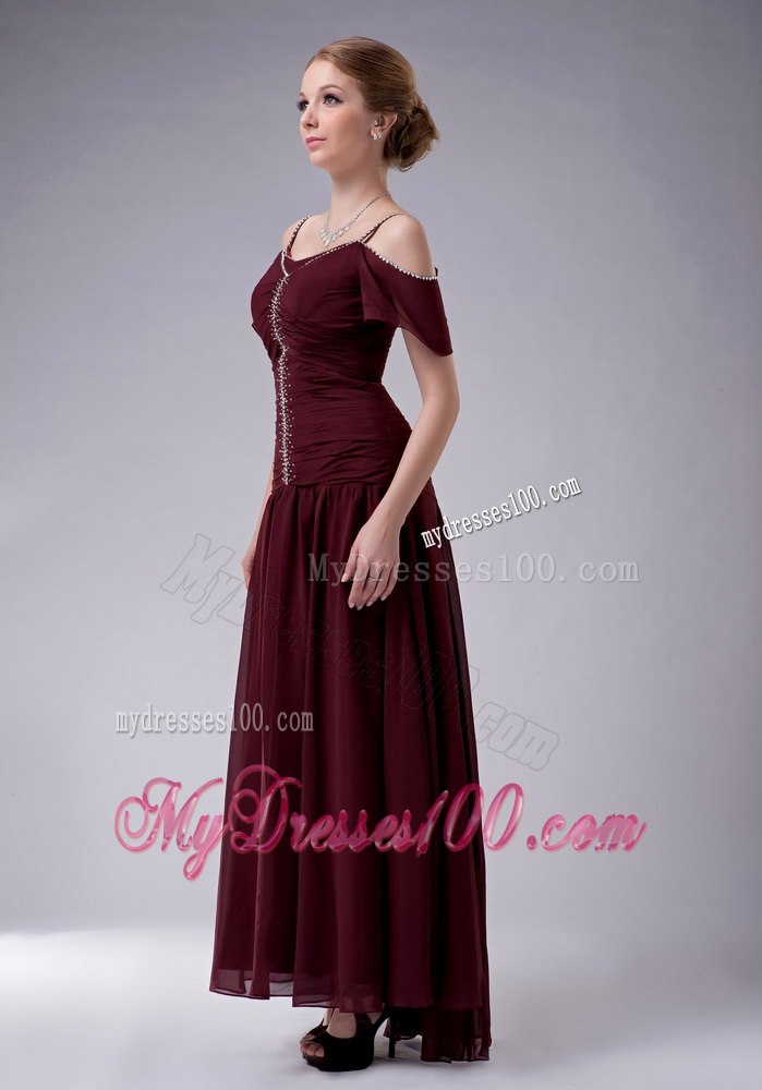 Burgundy Mother Bride Dress with Off Shoulder Sleeves and Straps
