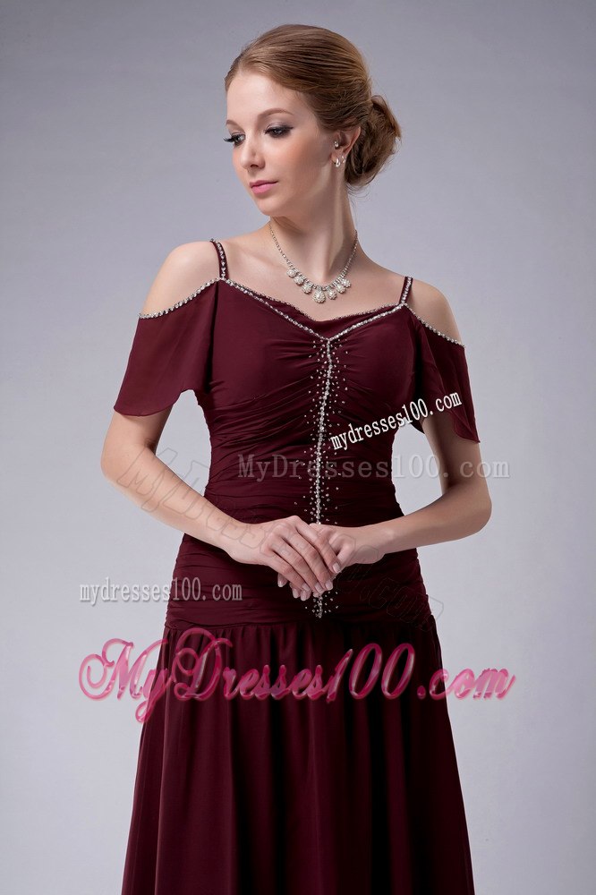 Burgundy Mother Bride Dress with Off Shoulder Sleeves and Straps