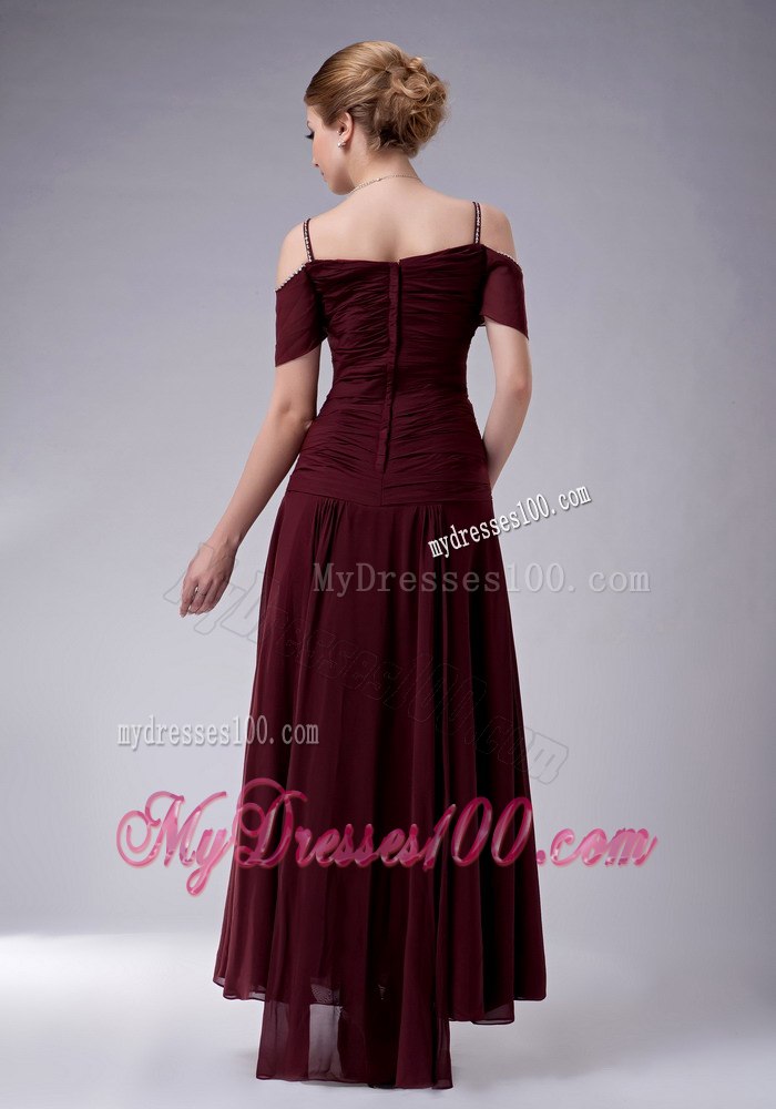 Burgundy Mother Bride Dress with Off Shoulder Sleeves and Straps