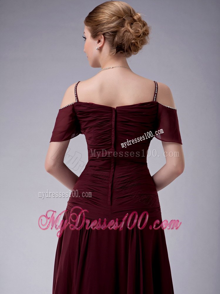 Burgundy Mother Bride Dress with Off Shoulder Sleeves and Straps