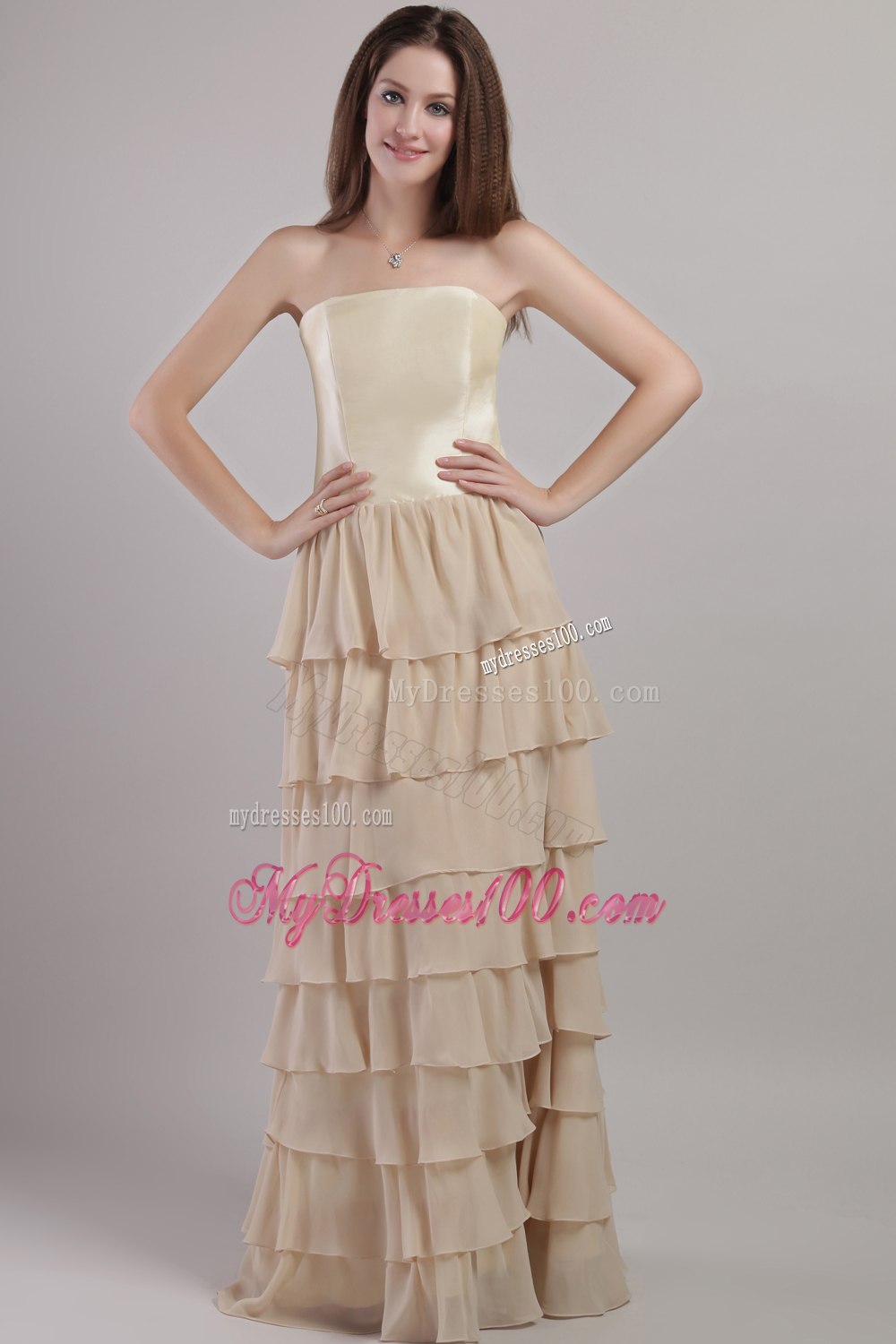 Strapless Champagne Mother Of The Bride Dress with Tiers of Ruffles