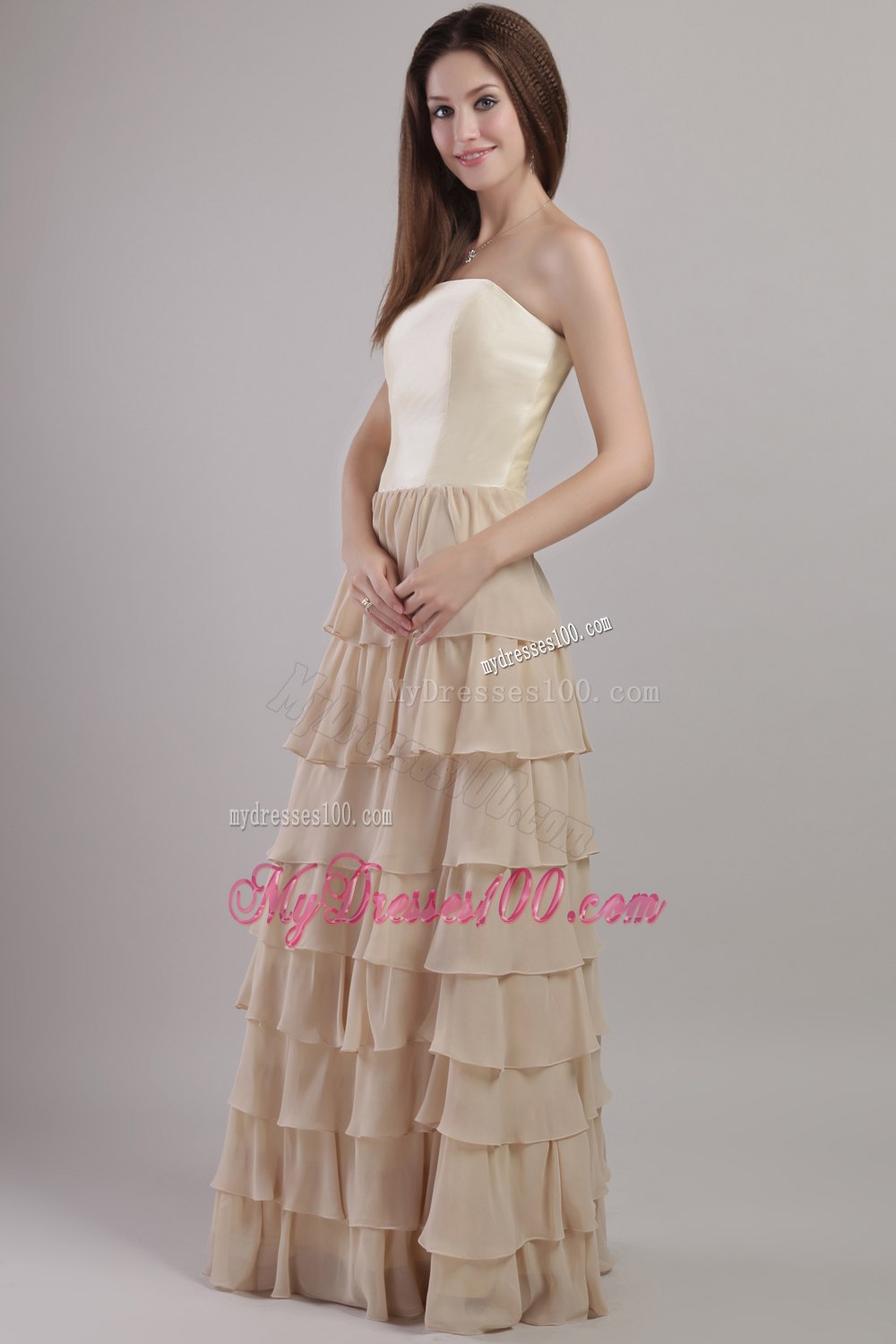 Strapless Champagne Mother Of The Bride Dress with Tiers of Ruffles