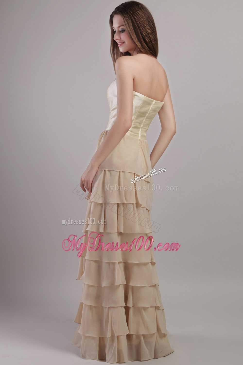 Strapless Champagne Mother Of The Bride Dress with Tiers of Ruffles