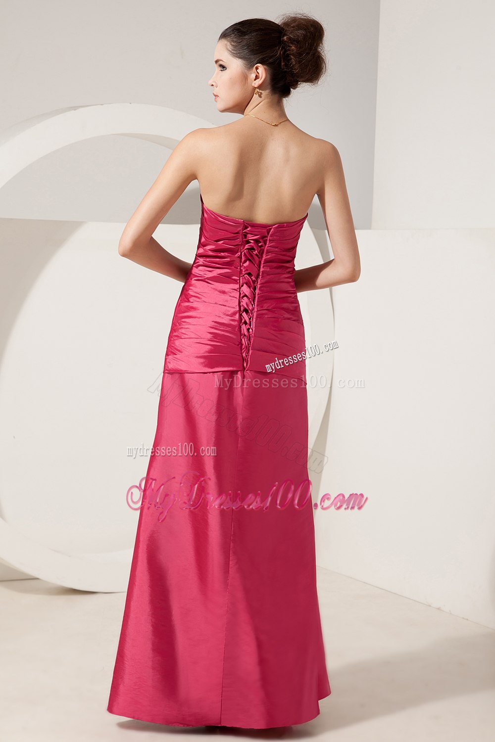 Hot Pink Ruching with Appliques Mother In Law Dress with Lace Up