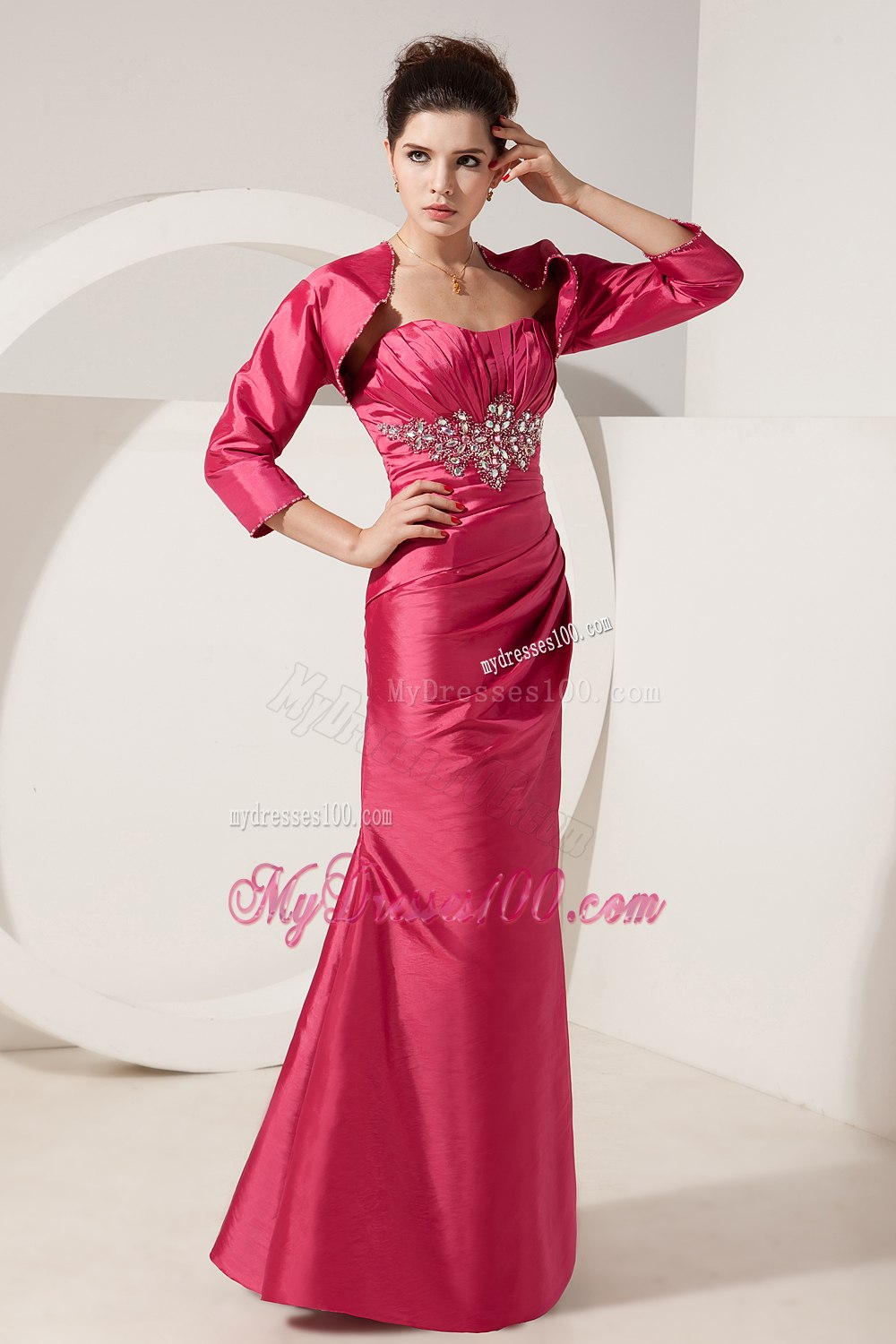 Hot Pink Ruching with Appliques Mother In Law Dress with Lace Up