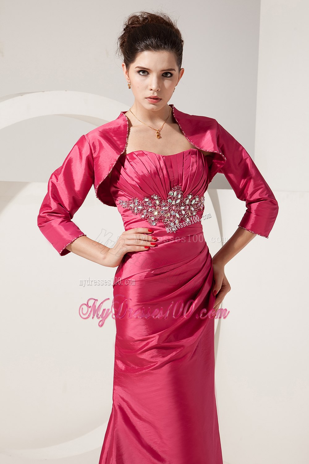 Hot Pink Ruching with Appliques Mother In Law Dress with Lace Up