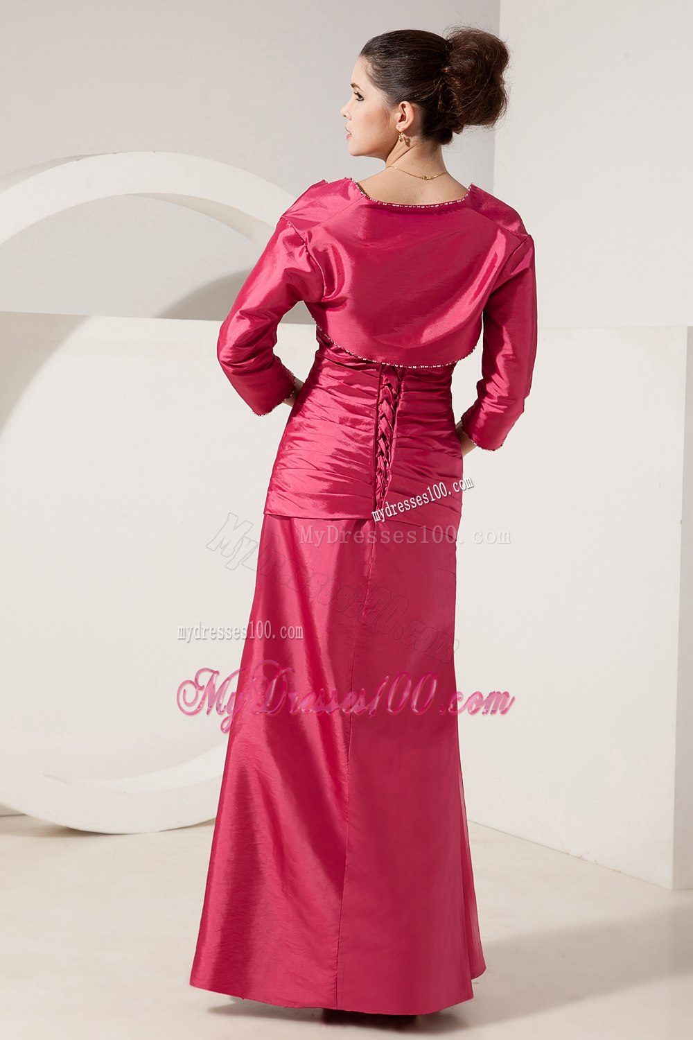 Hot Pink Ruching with Appliques Mother In Law Dress with Lace Up