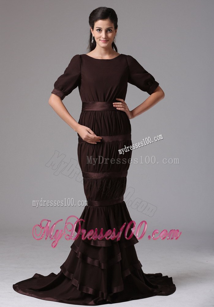 Designer Brown Layered Mermaid Scoop 1 2 Sleeves Mothers Dresses