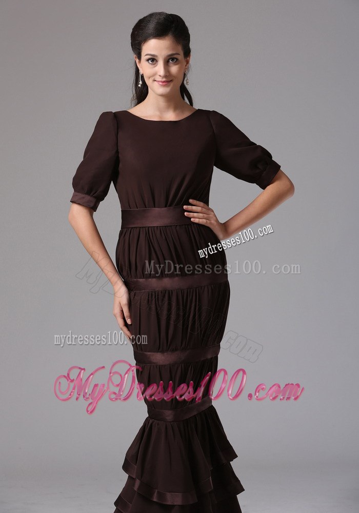 Designer Brown Layered Mermaid Scoop 1 2 Sleeves Mothers Dresses