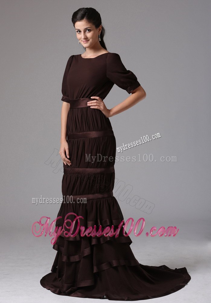 Designer Brown Layered Mermaid Scoop 1 2 Sleeves Mothers Dresses