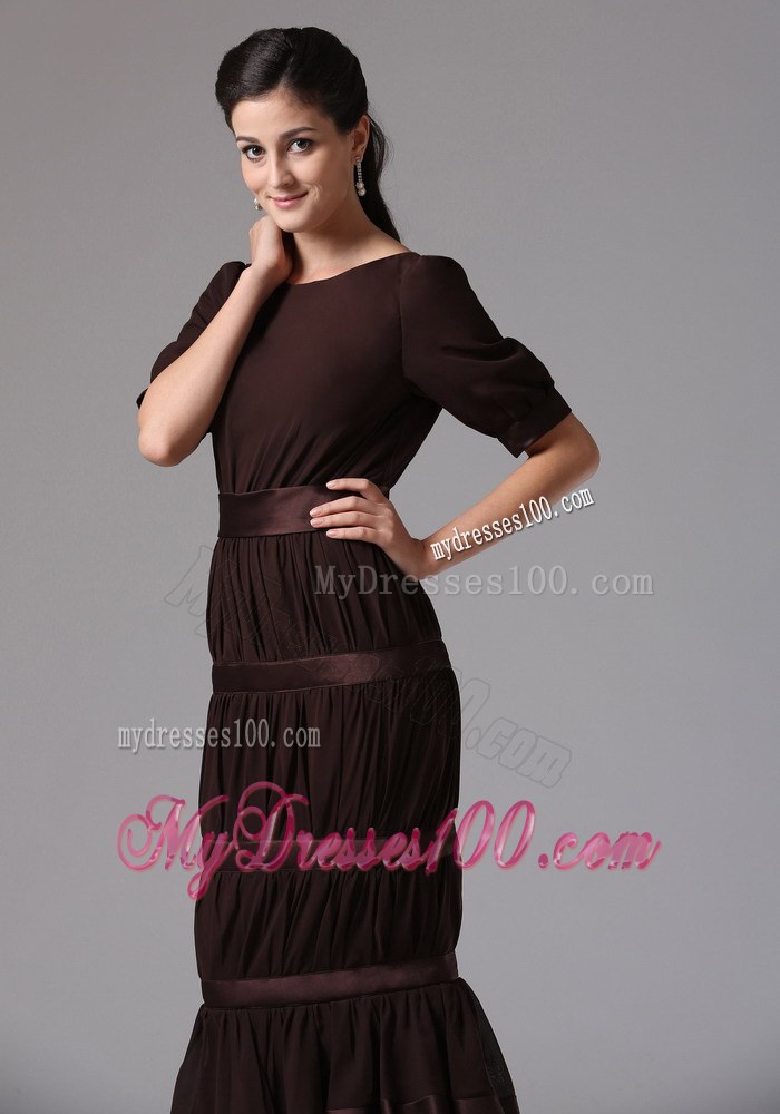 Designer Brown Layered Mermaid Scoop 1 2 Sleeves Mothers Dresses