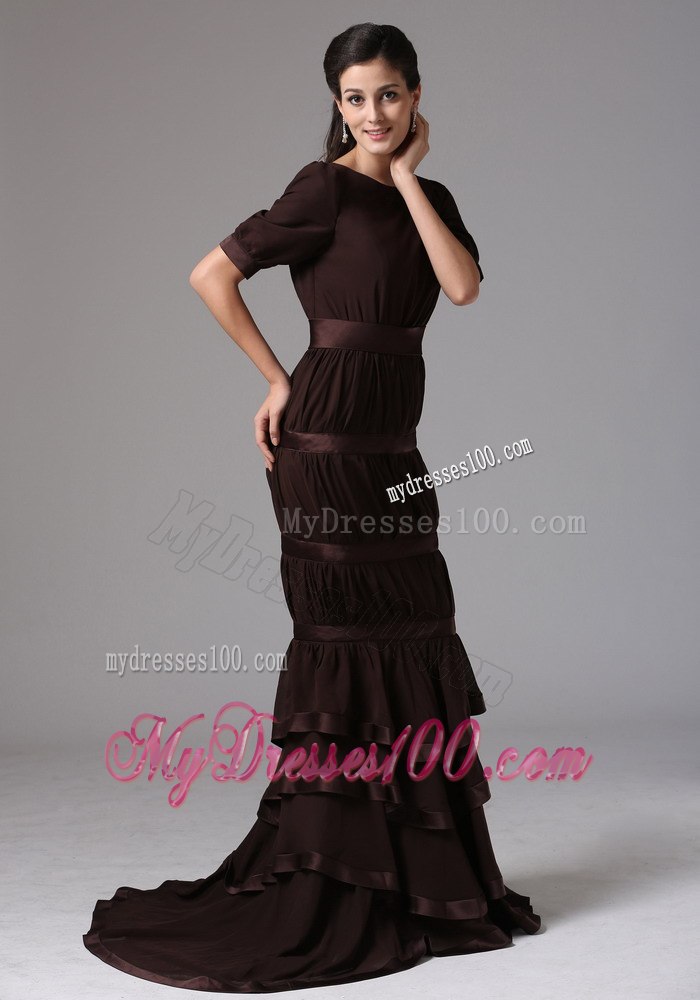 Designer Brown Layered Mermaid Scoop 1 2 Sleeves Mothers Dresses