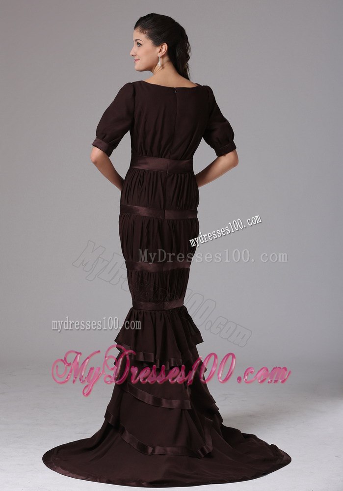 Designer Brown Layered Mermaid Scoop 1 2 Sleeves Mothers Dresses