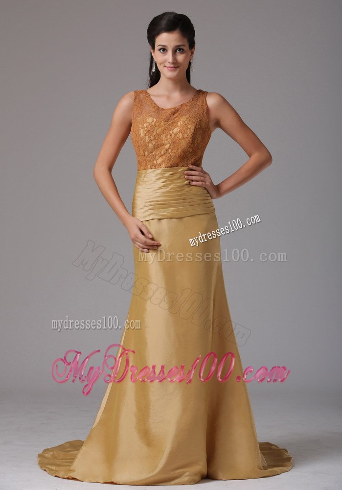 Gold Mother Of The Bride Dress with Lace Bodice Scoop Neckline