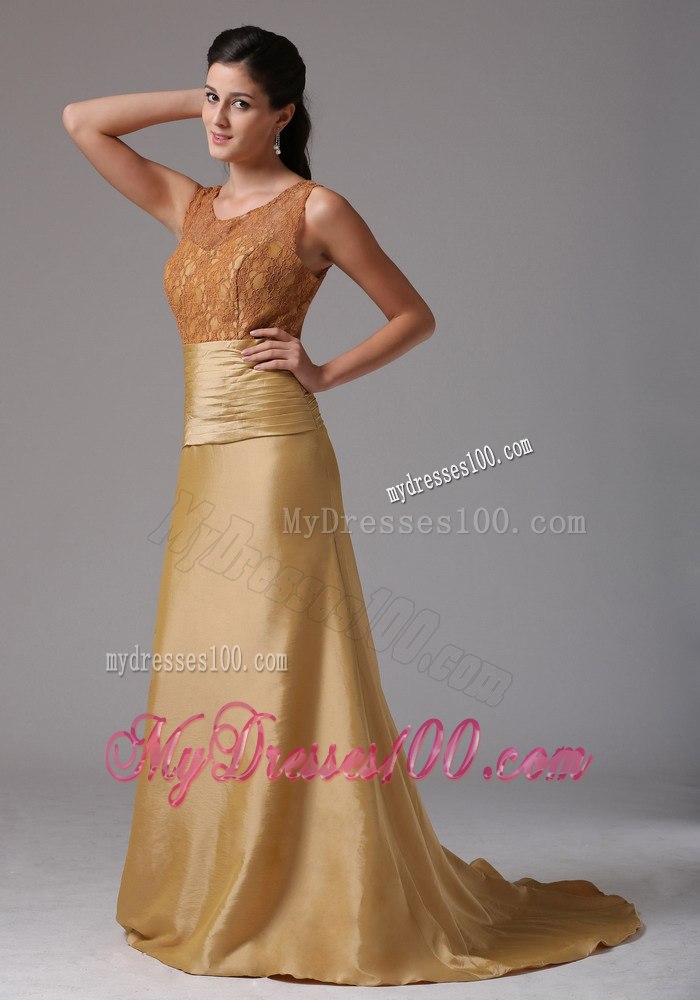 Gold Mother Of The Bride Dress with Lace Bodice Scoop Neckline
