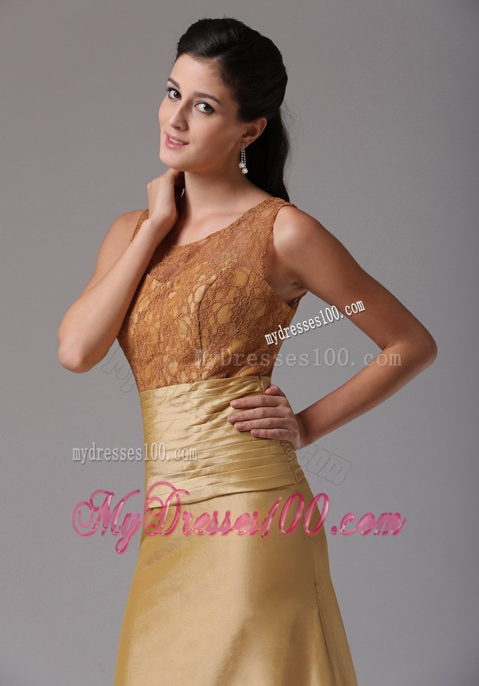 Gold Mother Of The Bride Dress with Lace Bodice Scoop Neckline