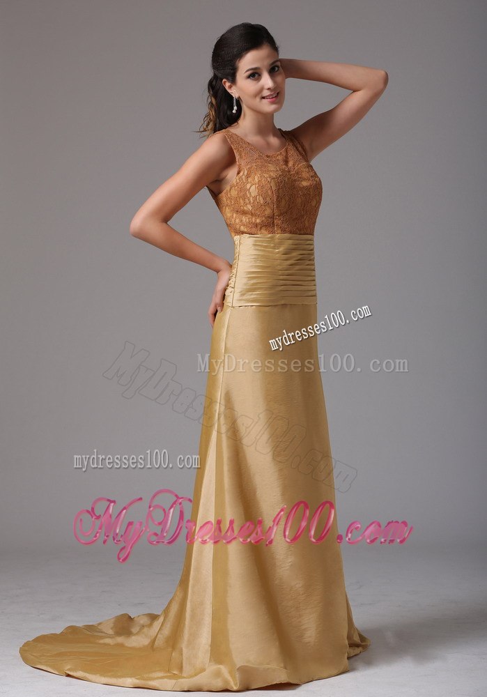 Gold Mother Of The Bride Dress with Lace Bodice Scoop Neckline