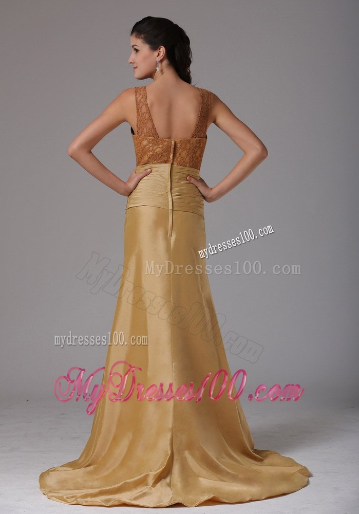 Gold Mother Of The Bride Dress with Lace Bodice Scoop Neckline