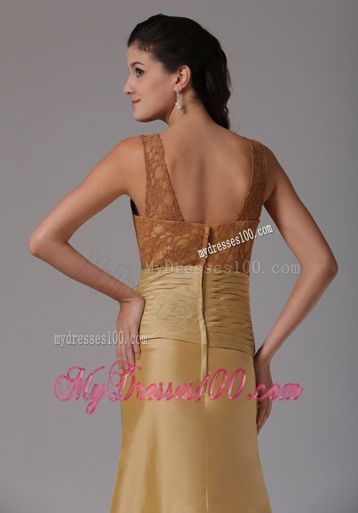 Gold Mother Of The Bride Dress with Lace Bodice Scoop Neckline