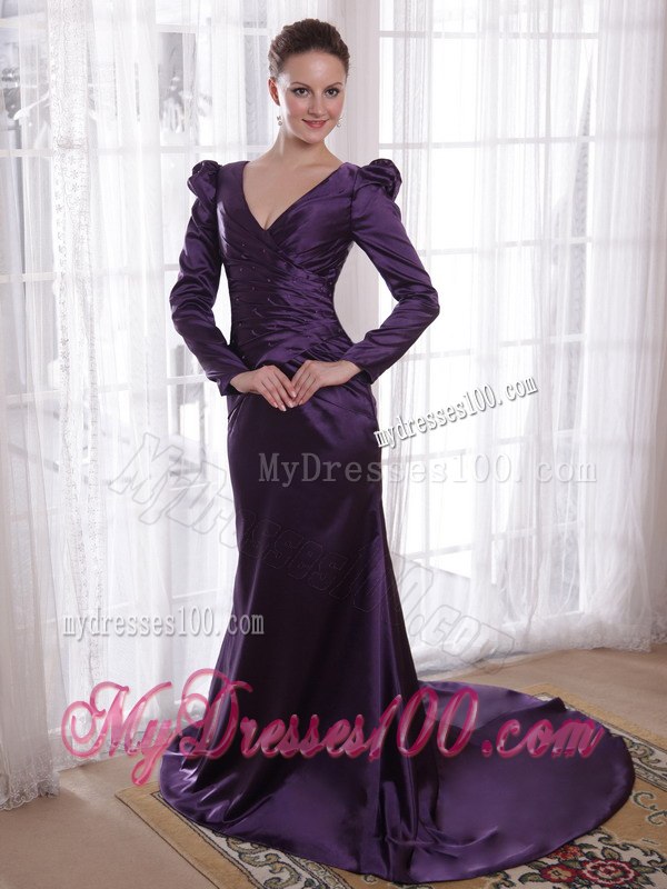 Bubble Long Sleeves V-neck with Train Mother of The Bride Dress