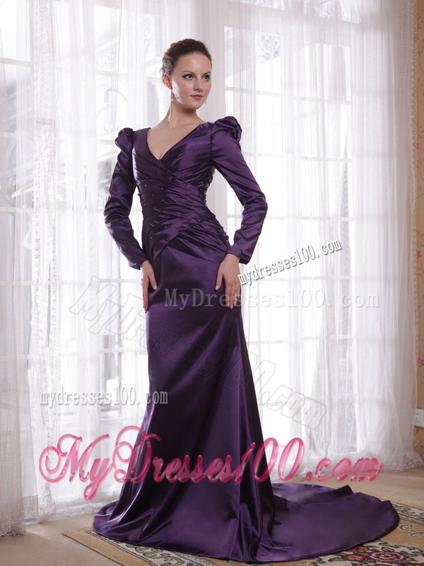 Bubble Long Sleeves V-neck with Train Mother of The Bride Dress