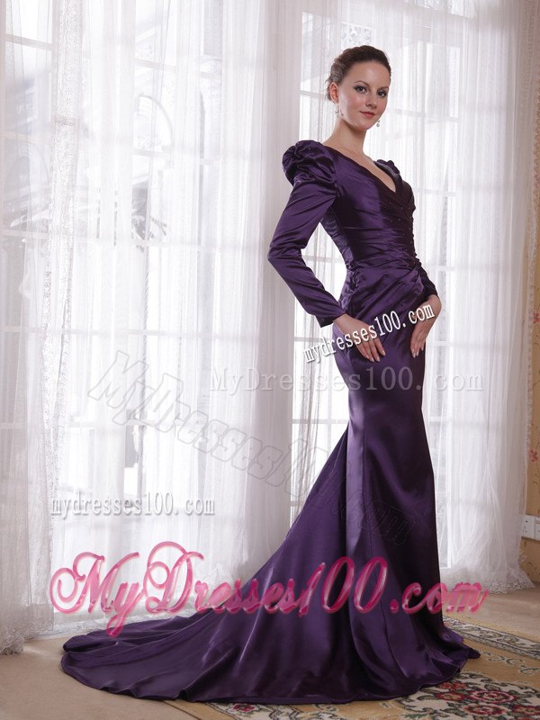 Bubble Long Sleeves V-neck with Train Mother of The Bride Dress