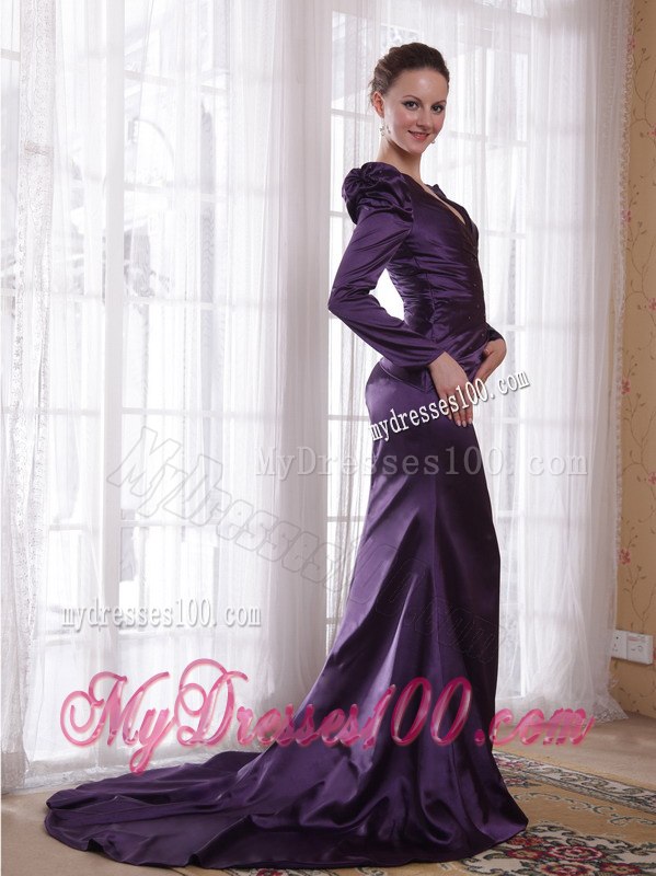 Bubble Long Sleeves V-neck with Train Mother of The Bride Dress