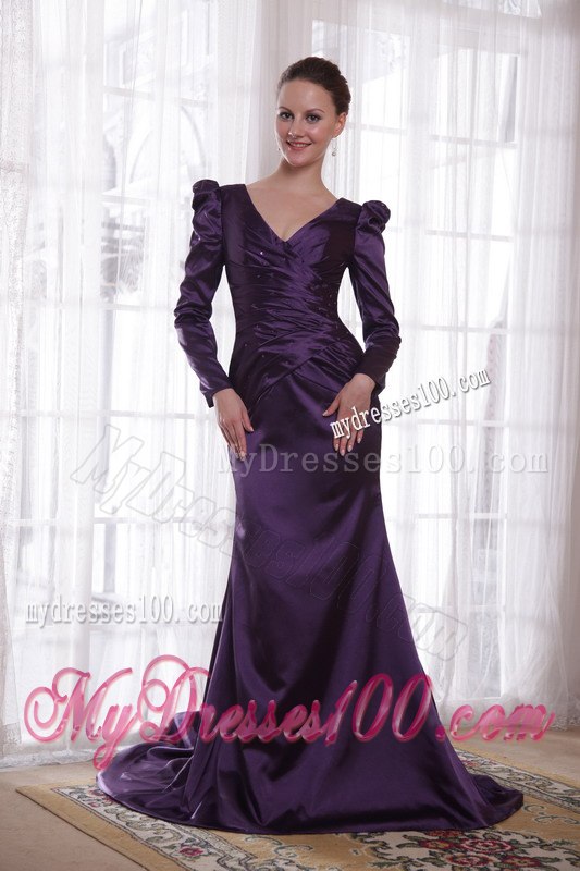 Bubble Long Sleeves V-neck with Train Mother of The Bride Dress