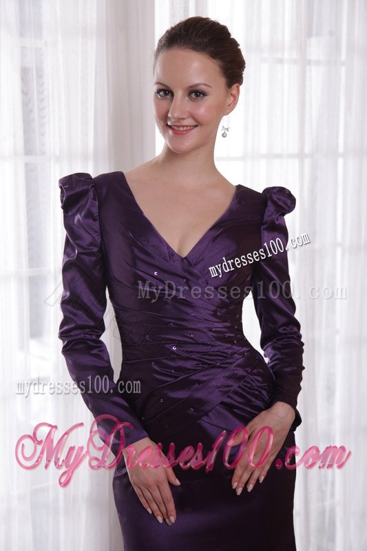 Bubble Long Sleeves V-neck with Train Mother of The Bride Dress