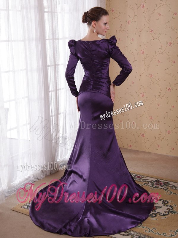 Bubble Long Sleeves V-neck with Train Mother of The Bride Dress