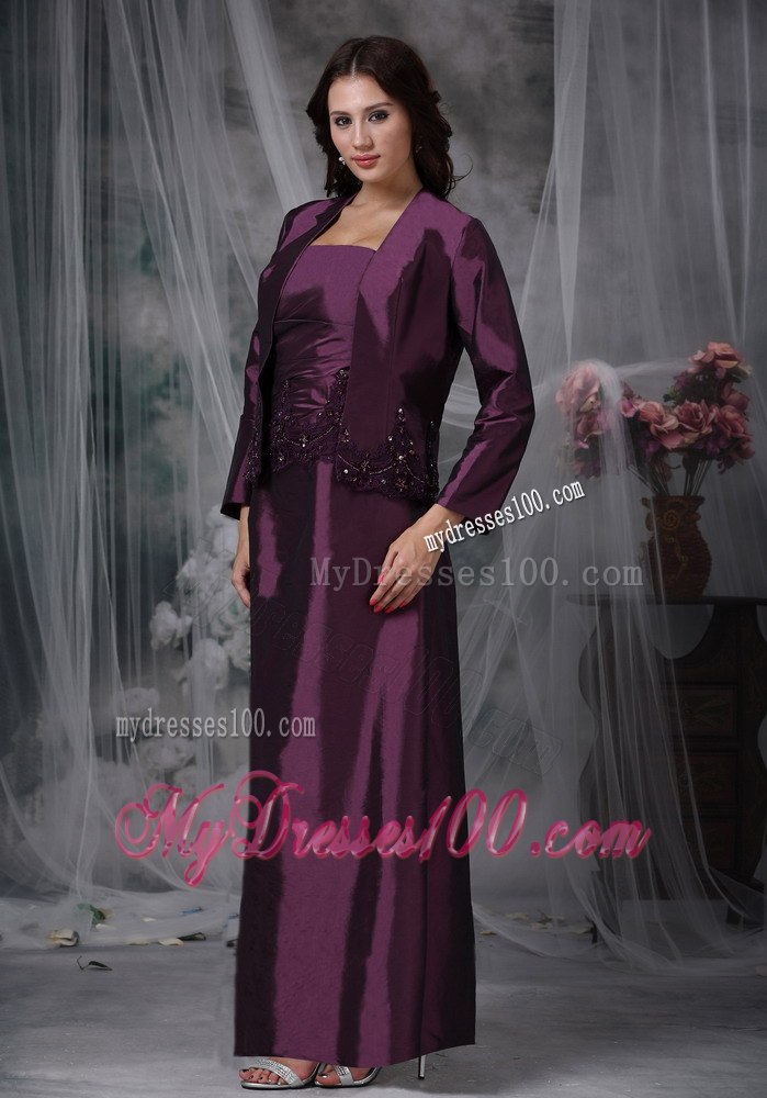Eggplant Purple Applique Decorate Waist Mothers Dress Ankle-length