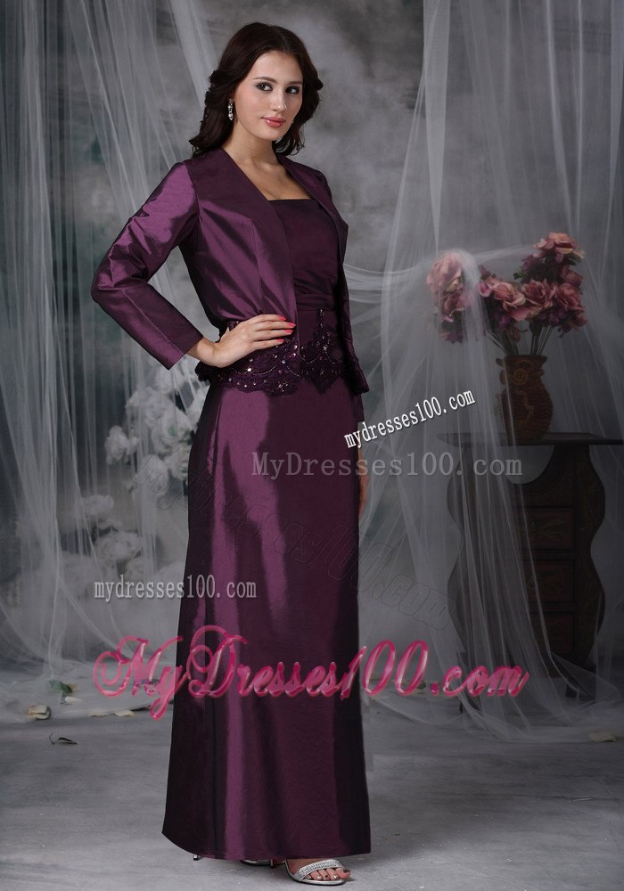 Eggplant Purple Applique Decorate Waist Mothers Dress Ankle-length