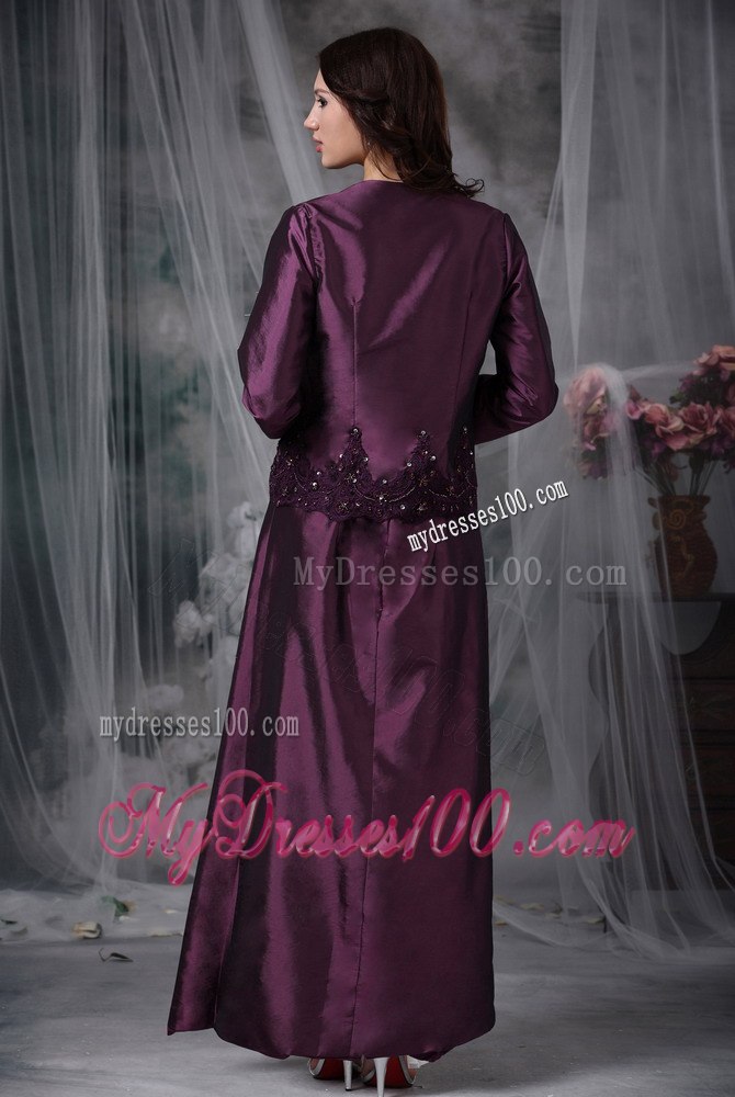 Eggplant Purple Applique Decorate Waist Mothers Dress Ankle-length