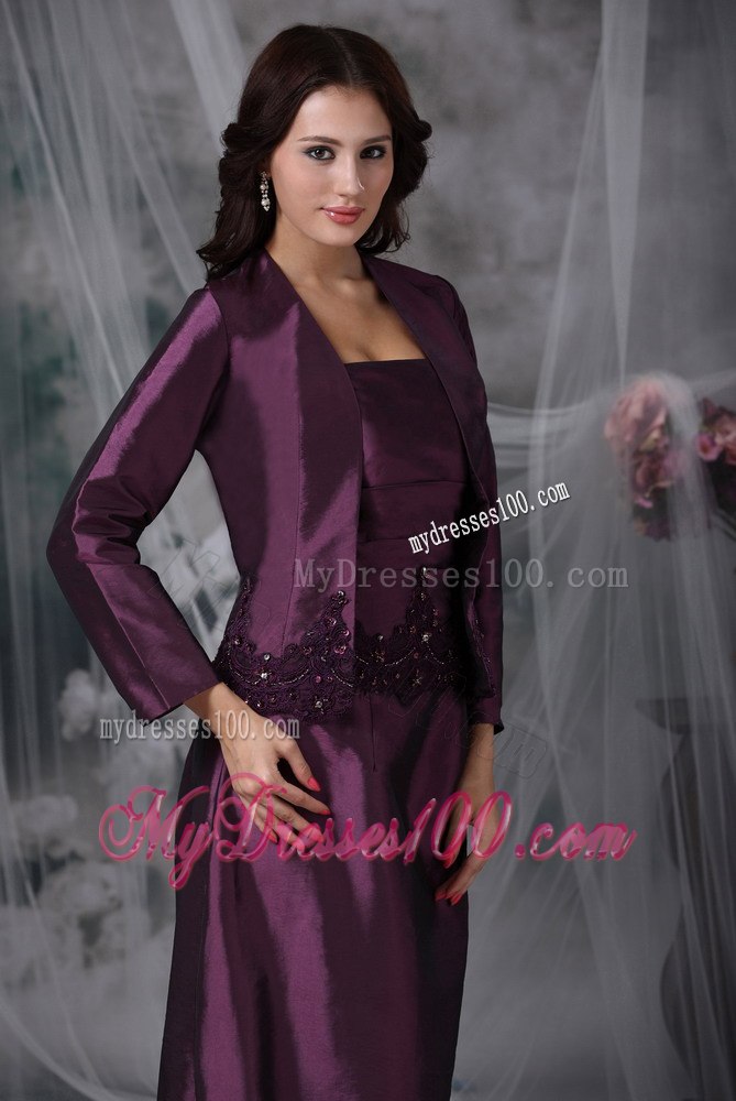 Eggplant Purple Applique Decorate Waist Mothers Dress Ankle-length