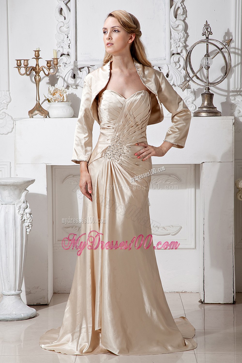 Beaded Ruches Sweetheart Champagne Mother of The Bride Dress