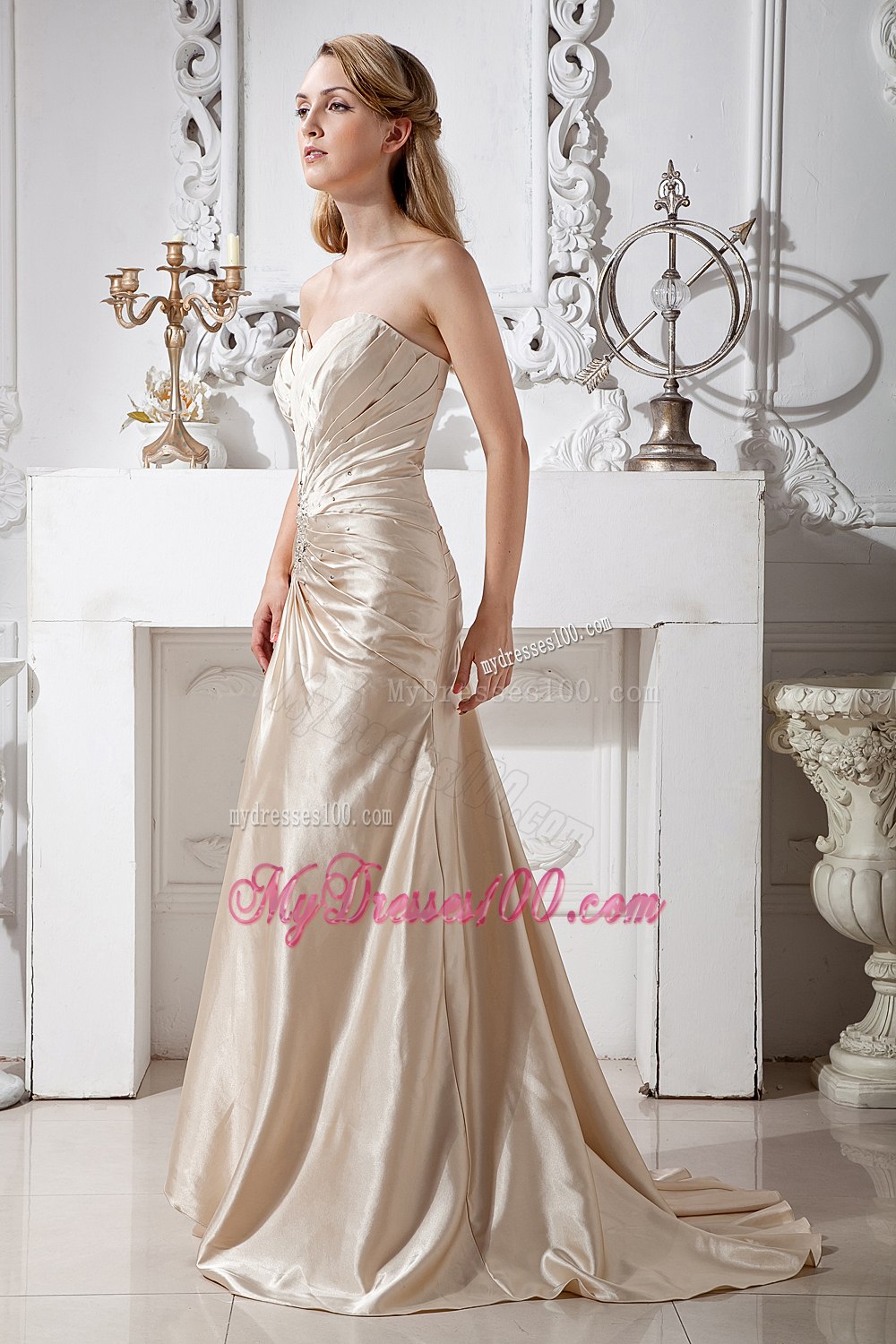 Beaded Ruches Sweetheart Champagne Mother of The Bride Dress