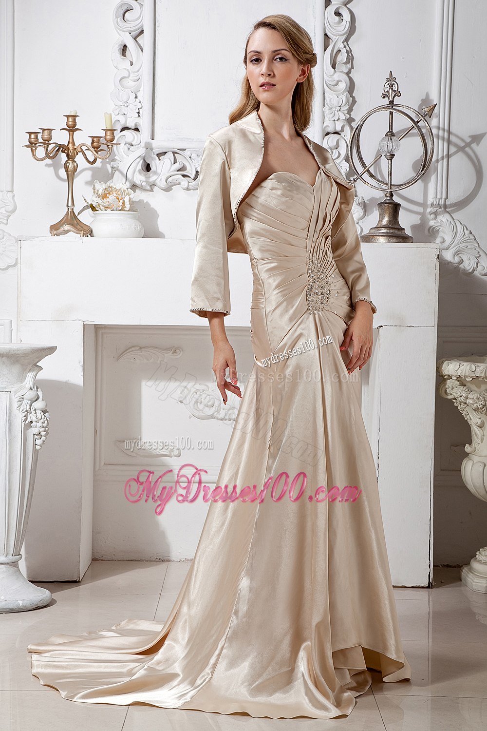 Beaded Ruches Sweetheart Champagne Mother of The Bride Dress