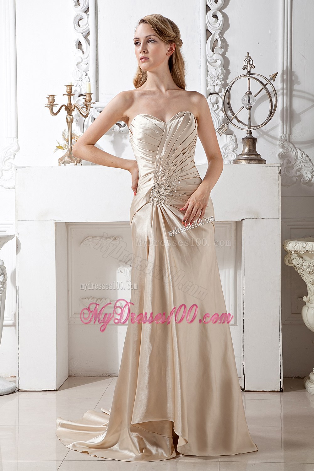 Beaded Ruches Sweetheart Champagne Mother of The Bride Dress
