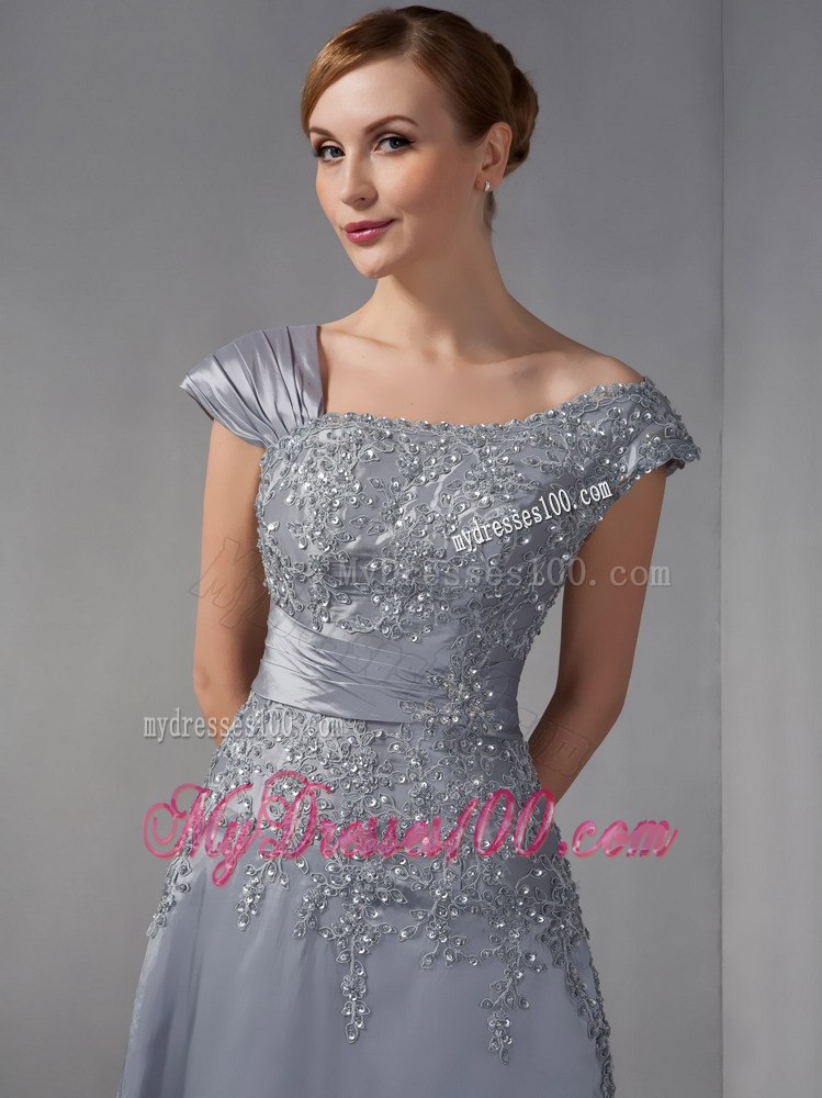 Asymmetric Neckline Applique Covered Gray Mother In Law Dress