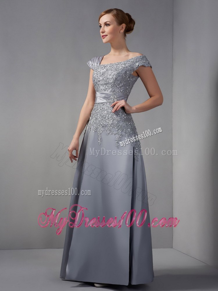 Asymmetric Neckline Applique Covered Gray Mother In Law Dress