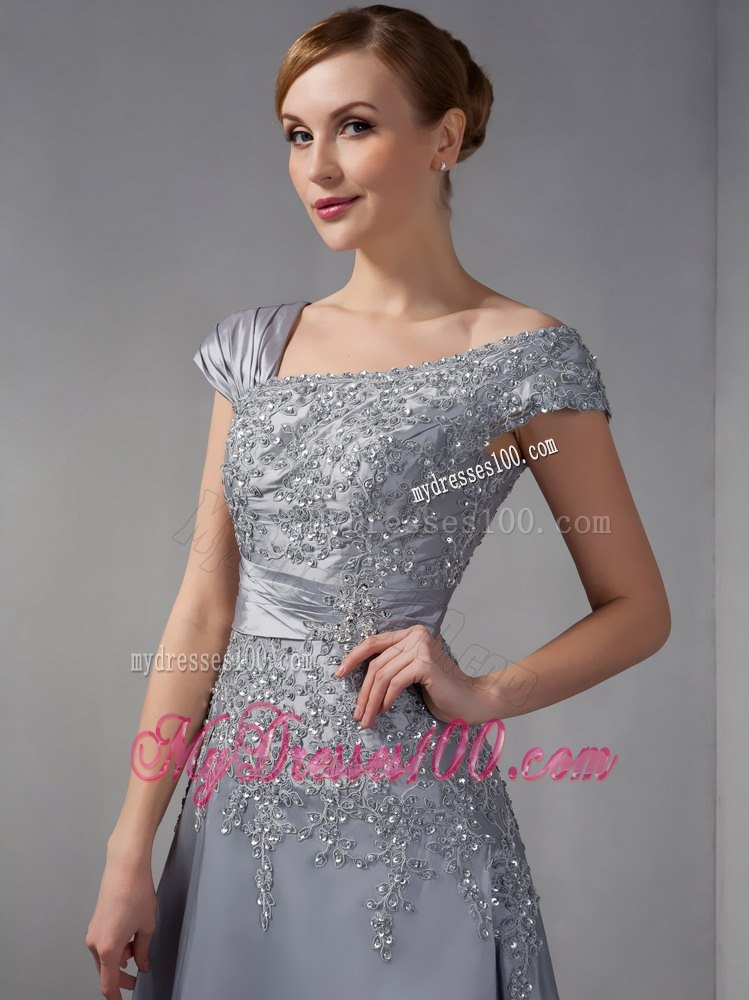 Asymmetric Neckline Applique Covered Gray Mother In Law Dress
